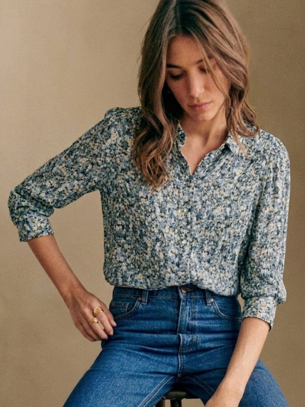 Sezane Floral Blue Viscose Plisse Crinkle 3/4 Sleeve Blouse Size Small